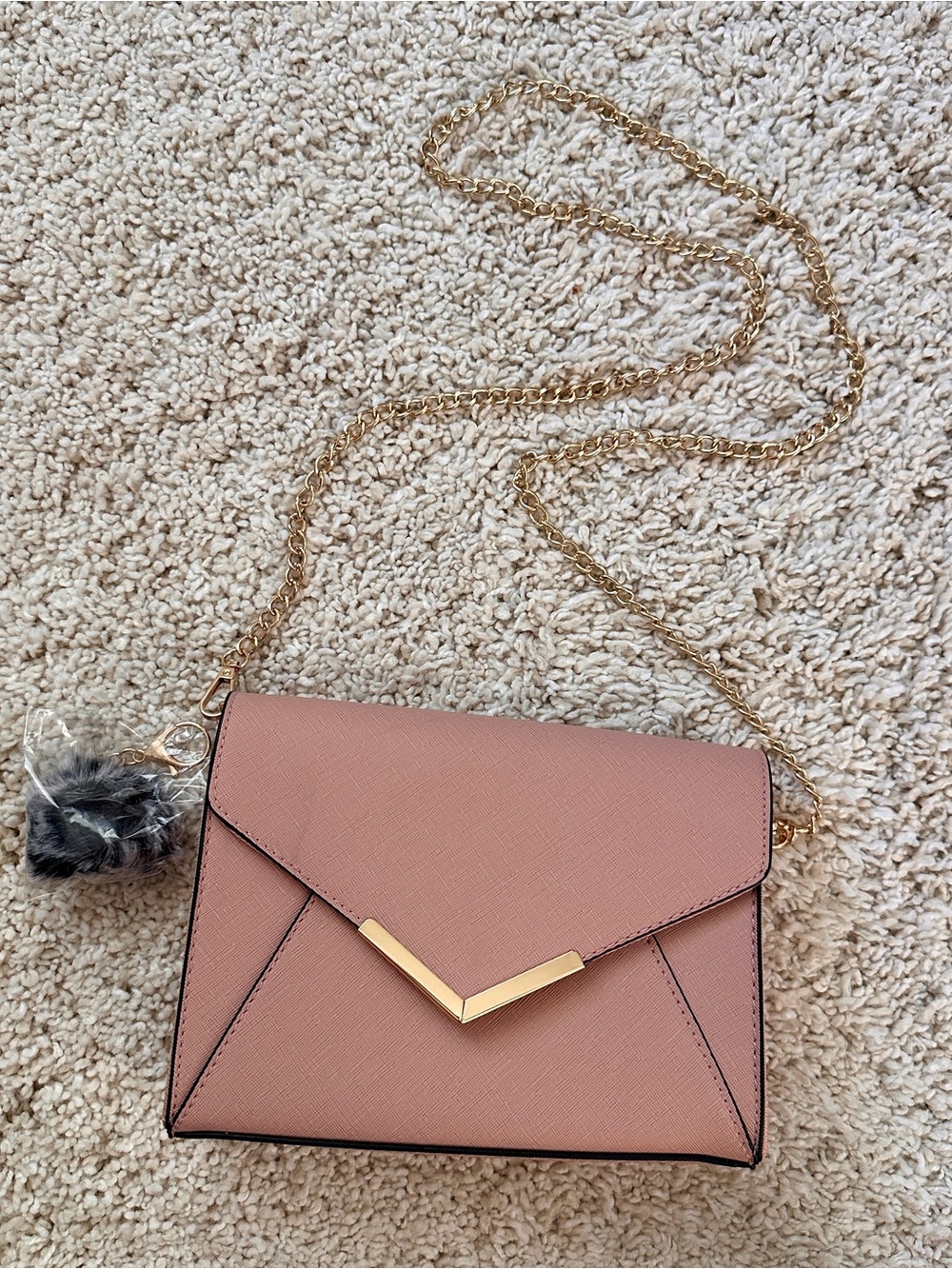 Blush Pink Faux Leather Foldover Crossbody Bag with Removable Gold Chain